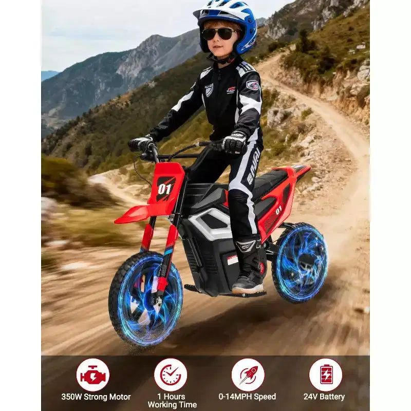 24V Electric Dirt Bike, 350w Kids Motorcycle, 13.67 Mph, Ride on Motorcycle with Rear Wheel Suspension, 12 Miles Range, Grip Throttle, Music