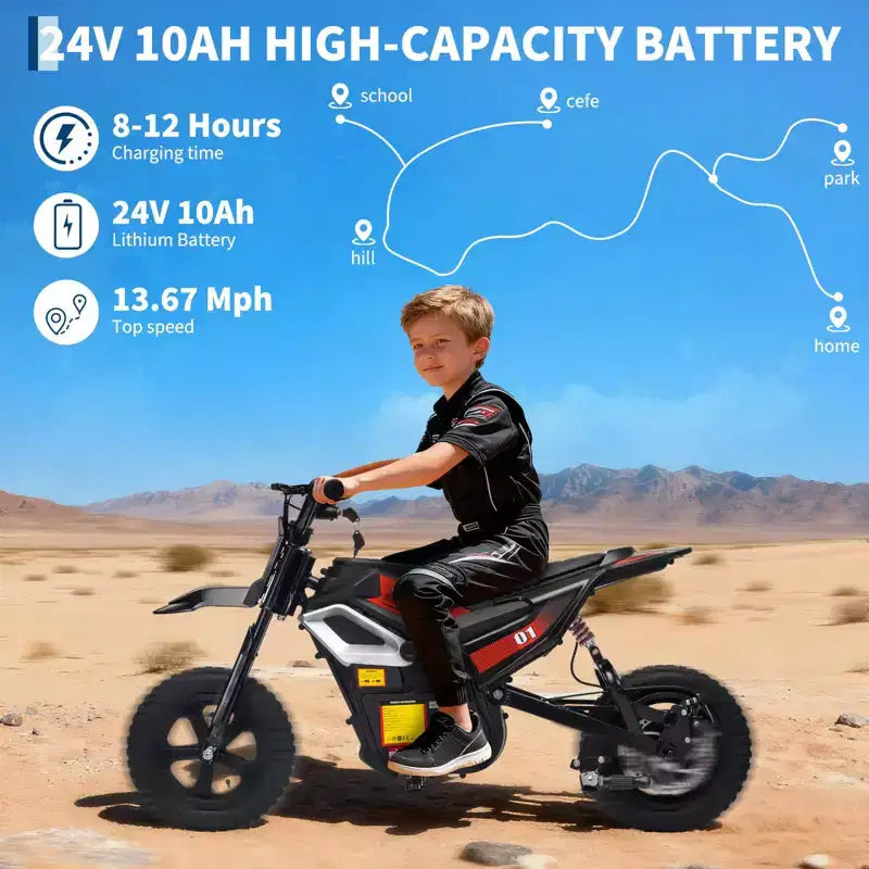24V Electric Dirt Bike, 350w Kids Motorcycle, 13.67 Mph, Ride on Motorcycle with Rear Wheel Suspension, 12 Miles Range, Grip Throttle, Music
