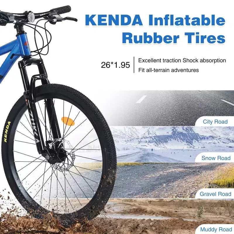 Whisen 26 Suspension Mountain Bike with 8-Speed Rear Derailleur, Fork KENDA Tires, Double Disc Brakes