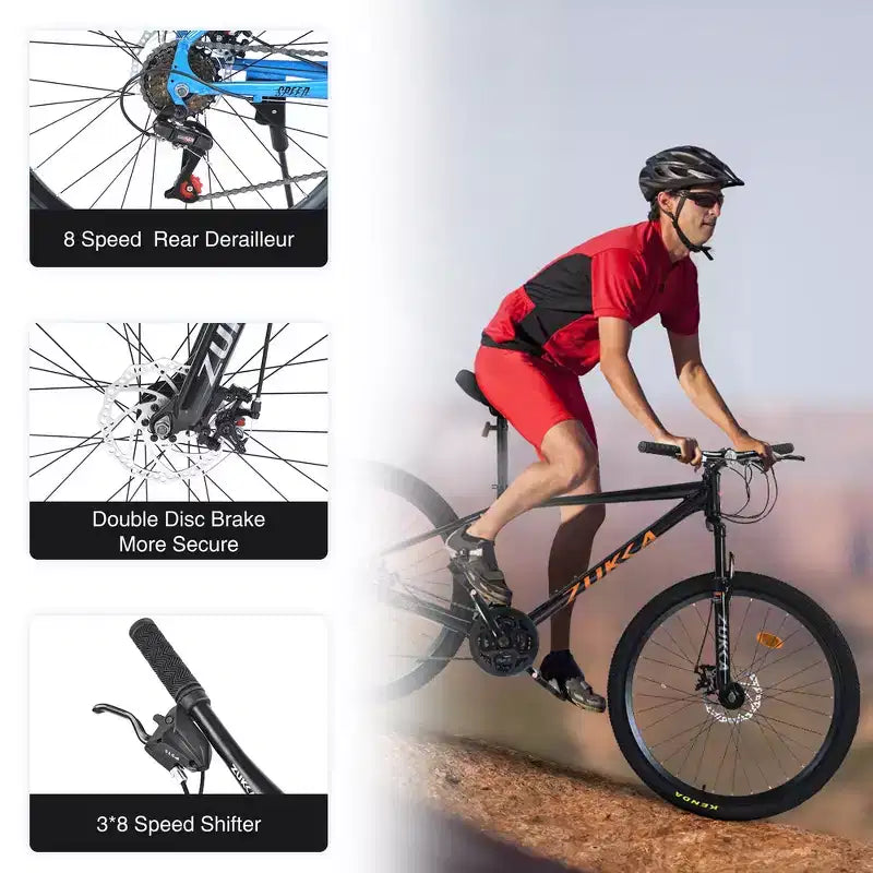Whisen 26 Suspension Mountain Bike with 8-Speed Rear Derailleur, Fork KENDA Tires, Double Disc Brakes