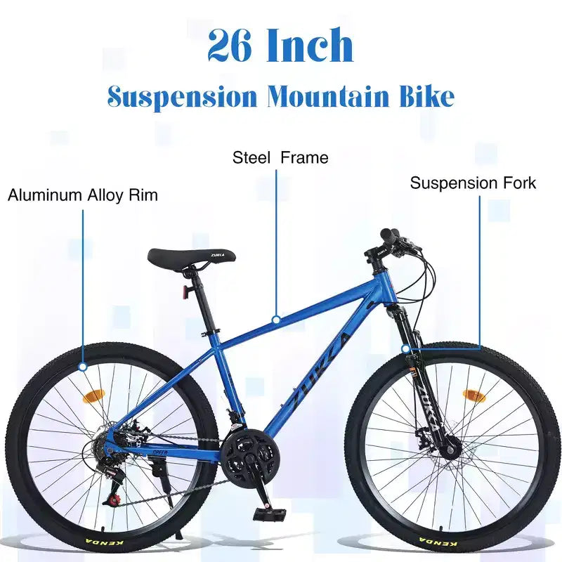 Whisen 26 Suspension Mountain Bike with 8-Speed Rear Derailleur, Fork KENDA Tires, Double Disc Brakes