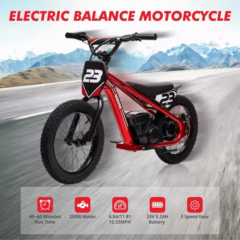 Electric Dirt Bike for Kids Ages 6-12, 250W Electric Balance Bike, 15.5MPH Max Speed & 3 Speed Settings, 24V/5.2AH Battery
