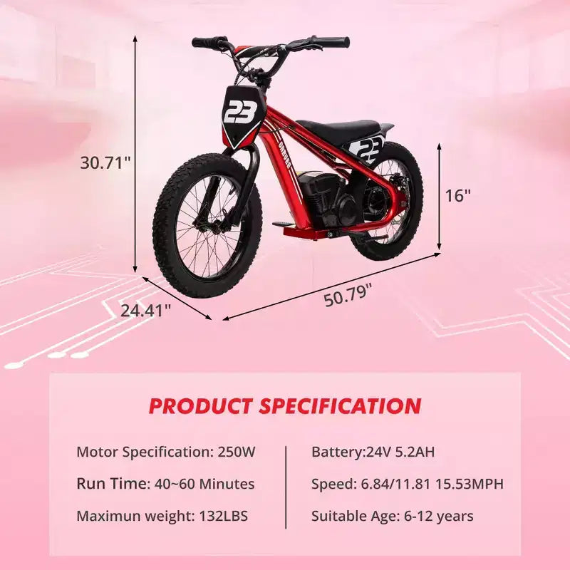 Electric Dirt Bike for Kids Ages 6-12, 250W Electric Balance Bike, 15.5MPH Max Speed & 3 Speed Settings, 24V/5.2AH Battery