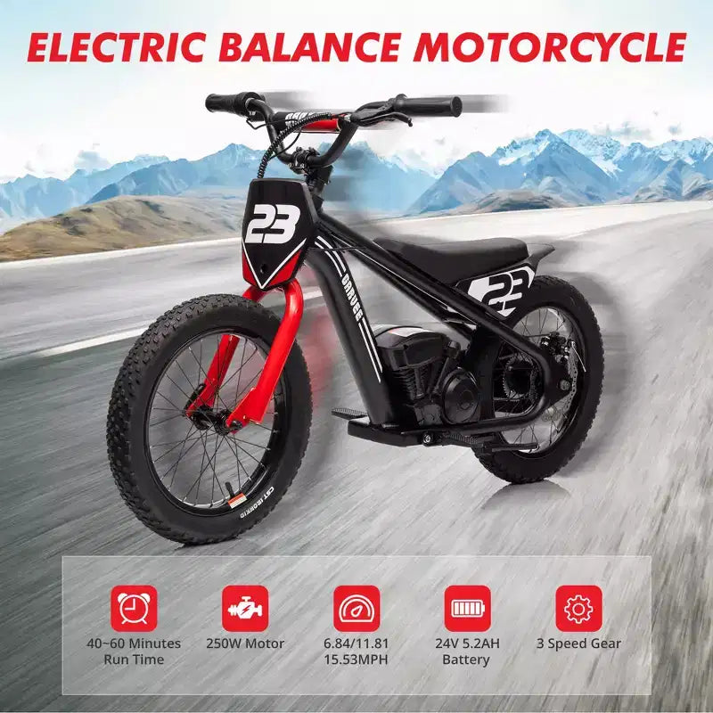 Electric Dirt Bike for Kids Ages 6-12, 250W Electric Balance Bike, 15.5MPH Max Speed & 3 Speed Settings, 24V/5.2AH Battery