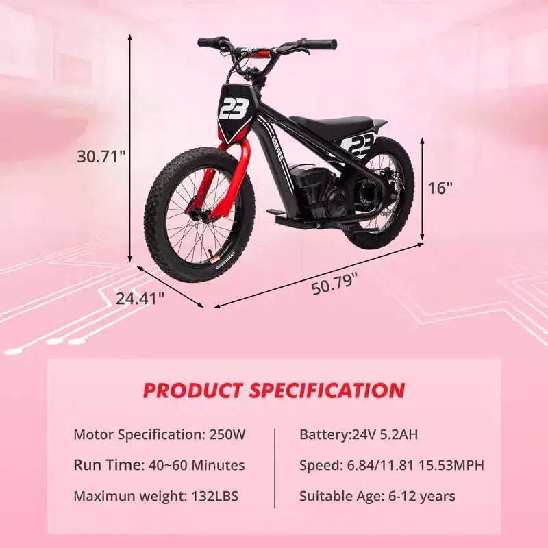 Electric Dirt Bike for Kids Ages 6-12, 250W Electric Balance Bike, 15.5MPH Max Speed & 3 Speed Settings, 24V/5.2AH Battery
