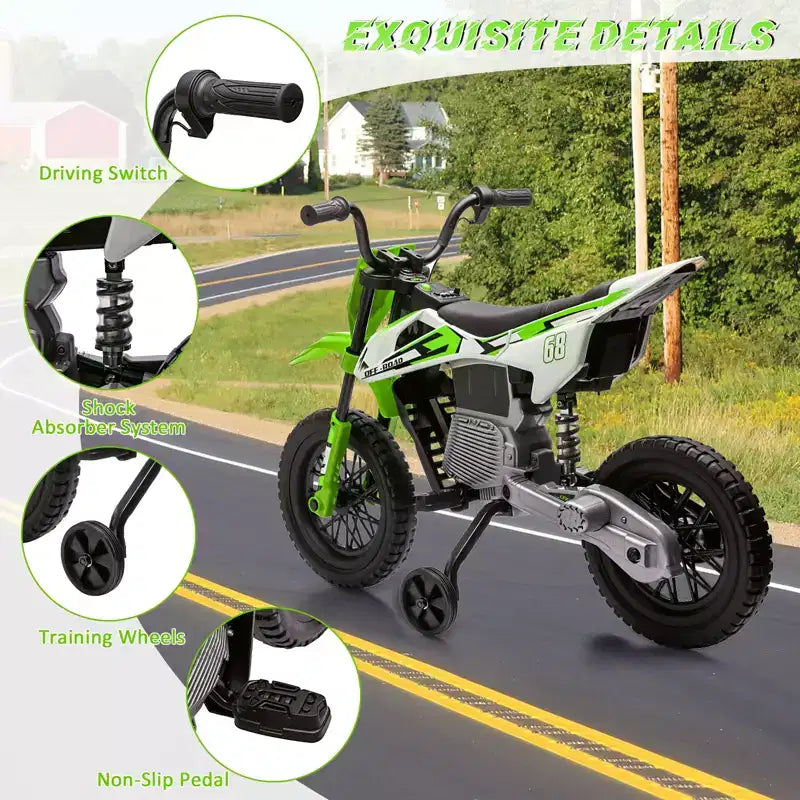 12V Kids Motorcycle, Electric Motorcycle for Kids with Safety Assist Wheels, Spring Suspension, Twist Grip Throttle, Max Speed 3 Mph