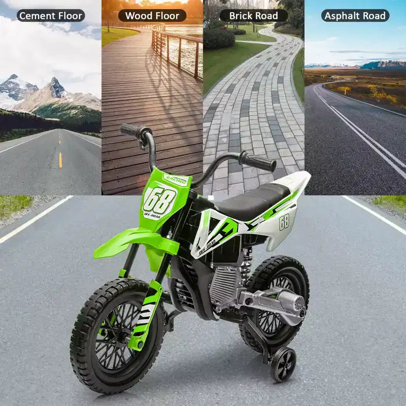 12V Kids Motorcycle, Electric Motorcycle for Kids with Safety Assist Wheels, Spring Suspension, Twist Grip Throttle, Max Speed 3 Mph