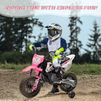 12V Kids Motorcycle, Electric Motorcycle for Kids with Safety Assist Wheels, Spring Suspension, Twist Grip Throttle, Max Speed 3 Mph