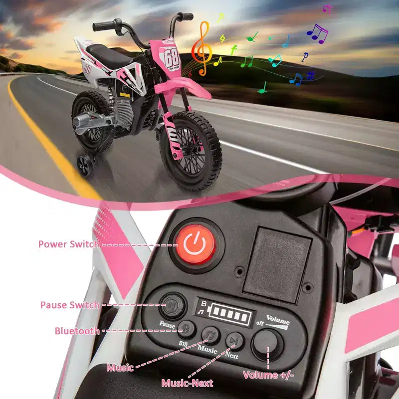 12V Kids Motorcycle, Electric Motorcycle for Kids with Safety Assist Wheels, Spring Suspension, Twist Grip Throttle, Max Speed 3 Mph