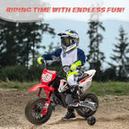 12V Kids Motorcycle, Electric Motorcycle for Kids with Safety Assist Wheels, Spring Suspension, Twist Grip Throttle, Max Speed 3 Mph