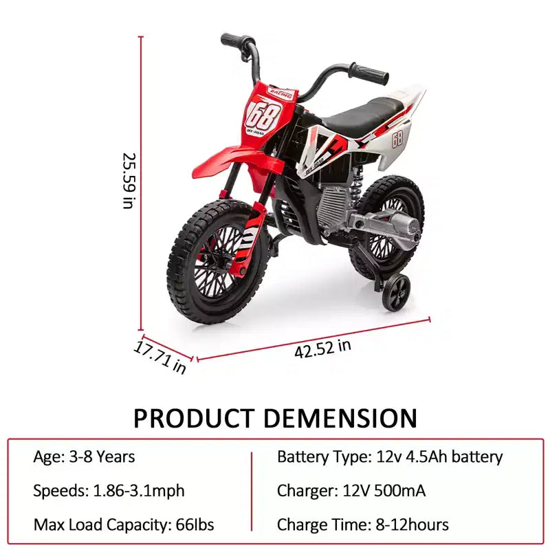 12V Kids Motorcycle, Electric Motorcycle for Kids with Safety Assist Wheels, Spring Suspension, Twist Grip Throttle, Max Speed 3 Mph