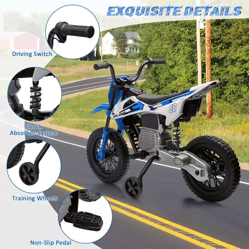 12V Kids Motorcycle, Electric Motorcycle for Kids with Safety Assist Wheels, Spring Suspension, Twist Grip Throttle, Max Speed 3 Mph