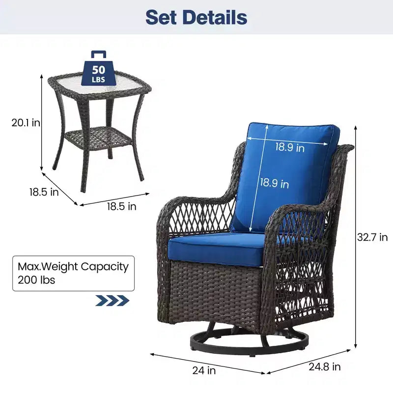 Outdoor Swivel Rocker Chair Set 3 Piece, Patio Bistro Set with Table