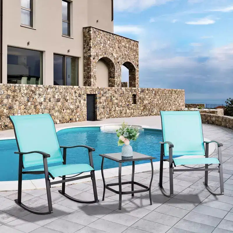 Celebalcony 3 Piece Outdoor Rocking Bistro Set, Textilene Fabric Rocker Chairs Conversation Set with Table for Garden, Balcony, Poolside