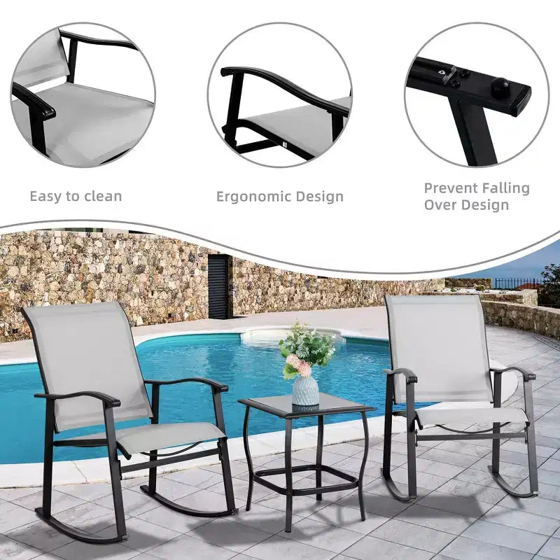 Celebalcony 3 Piece Outdoor Rocking Bistro Set, Textilene Fabric Rocker Chairs Conversation Set with Table for Garden, Balcony, Poolside