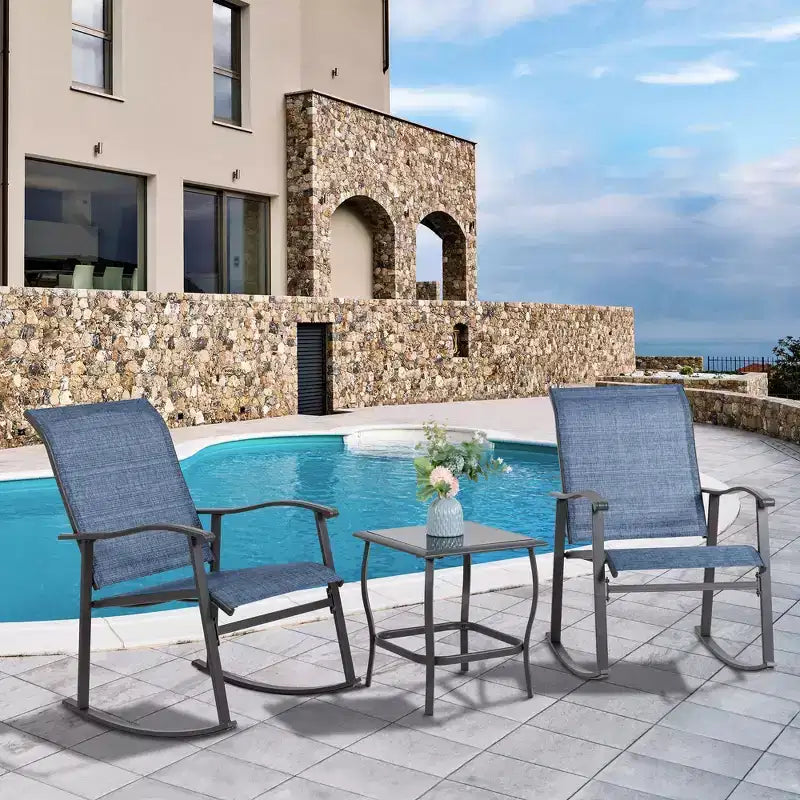 Celebalcony 3 Piece Outdoor Rocking Bistro Set, Textilene Fabric Rocker Chairs Conversation Set with Table for Garden, Balcony, Poolside