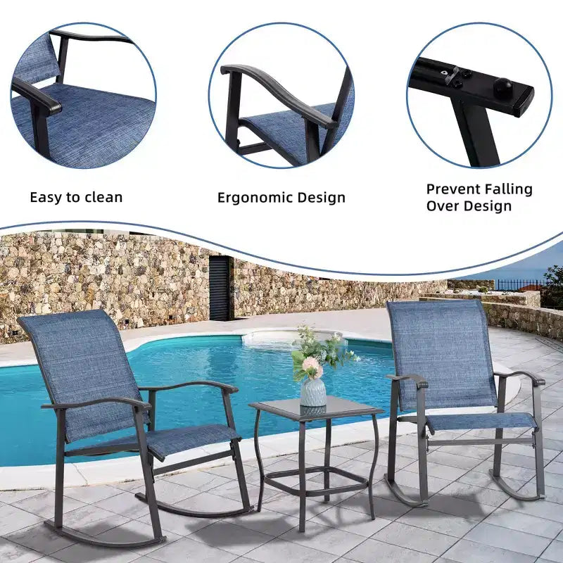 Celebalcony 3 Piece Outdoor Rocking Bistro Set, Textilene Fabric Rocker Chairs Conversation Set with Table for Garden, Balcony, Poolside