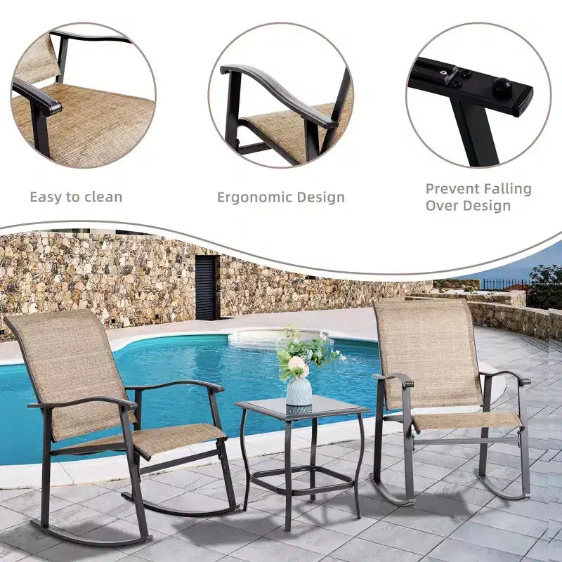 Celebalcony 3 Piece Outdoor Rocking Bistro Set, Textilene Fabric Rocker Chairs Conversation Set with Table for Garden, Balcony, Poolside