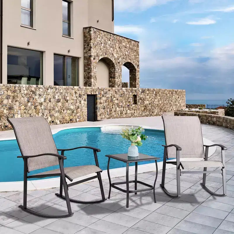 Celebalcony 3 Piece Outdoor Rocking Bistro Set, Textilene Fabric Rocker Chairs Conversation Set with Table for Garden, Balcony, Poolside