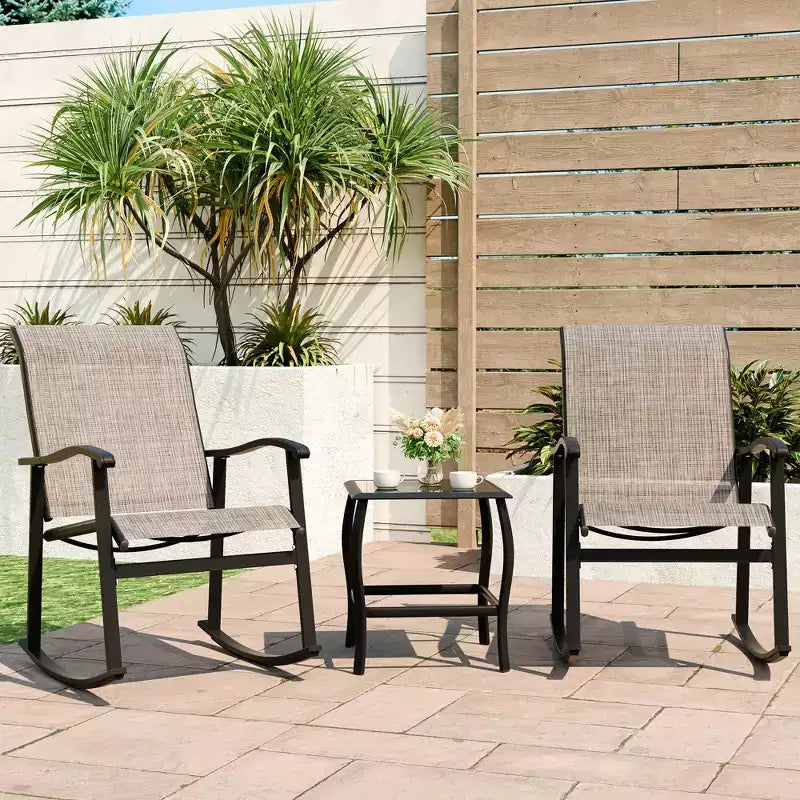 Celebalcony 3 Piece Outdoor Rocking Bistro Set, Textilene Fabric Rocker Chairs Conversation Set with Table for Garden, Balcony, Poolside