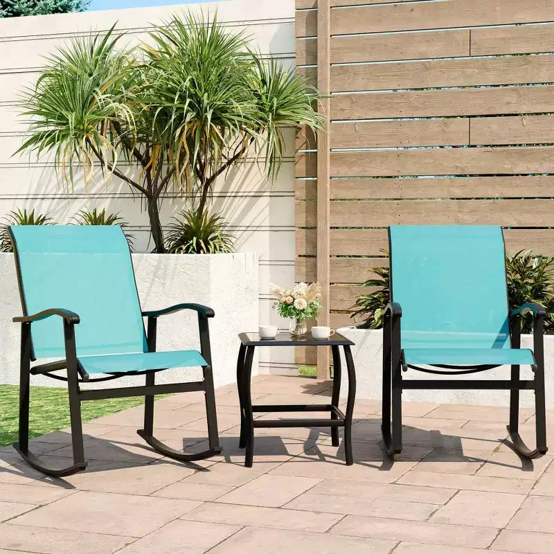 Celebalcony 3 Piece Outdoor Rocking Bistro Set, Textilene Fabric Rocker Chairs Conversation Set with Table for Garden, Balcony, Poolside