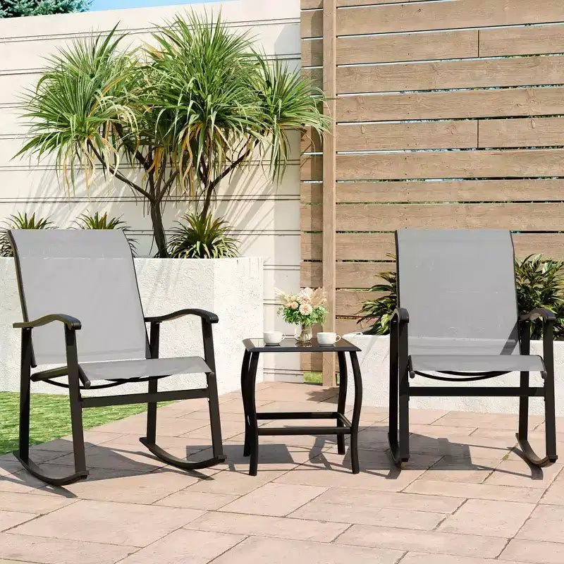 Celebalcony 3 Piece Outdoor Rocking Bistro Set, Textilene Fabric Rocker Chairs Conversation Set with Table for Garden, Balcony, Poolside