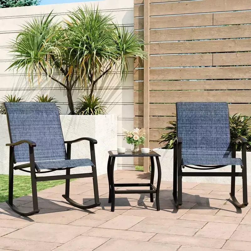 Celebalcony 3 Piece Outdoor Rocking Bistro Set, Textilene Fabric Rocker Chairs Conversation Set with Table for Garden, Balcony, Poolside