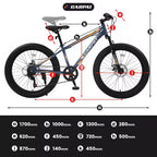 Okak 24IN Fat Tire Bike with Front Suspension, 7-Speed Mountain Bike with Disc Brake and High-Carbon Steel Frame, Trail Bike for Commuting