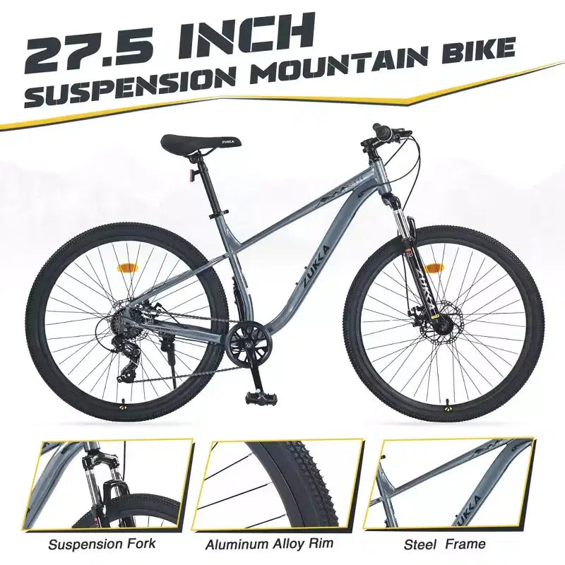 Okak 27.5IN 8 Speed Mountain Bike with Front Suspension, Kids Dirt Bike with Double Disc Brakes, Steel Frame Bicycle for Kid and Adults