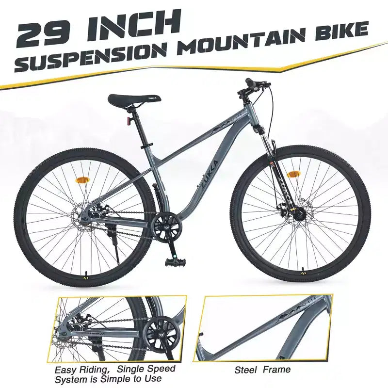 Okak 29IN Single Speed Mountain Bike, Adult Bike with Steel Frame and Front Suspension, Mens Bike for Commuting, Travel, Mountain