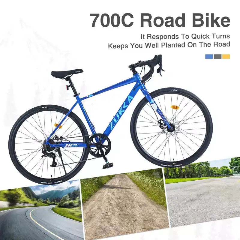 Okak 700C Road Bike with 7 Speed System, Adult Bike with Aluminum Alloy Frame and Rim, Disk Brake Bicycle for Men and Women