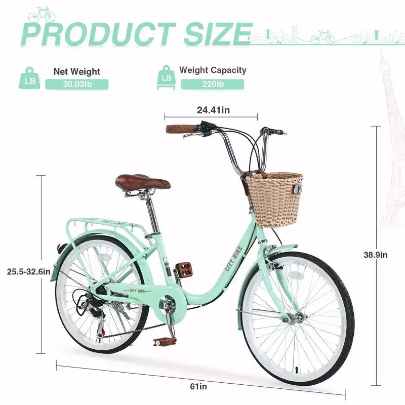 Okak 22IN Cruiser Bikes with Front Basket, Girls Bike with Steel Frame, V-Shape Brake and Comfort Saddles, Adult Bike for Girls and Women