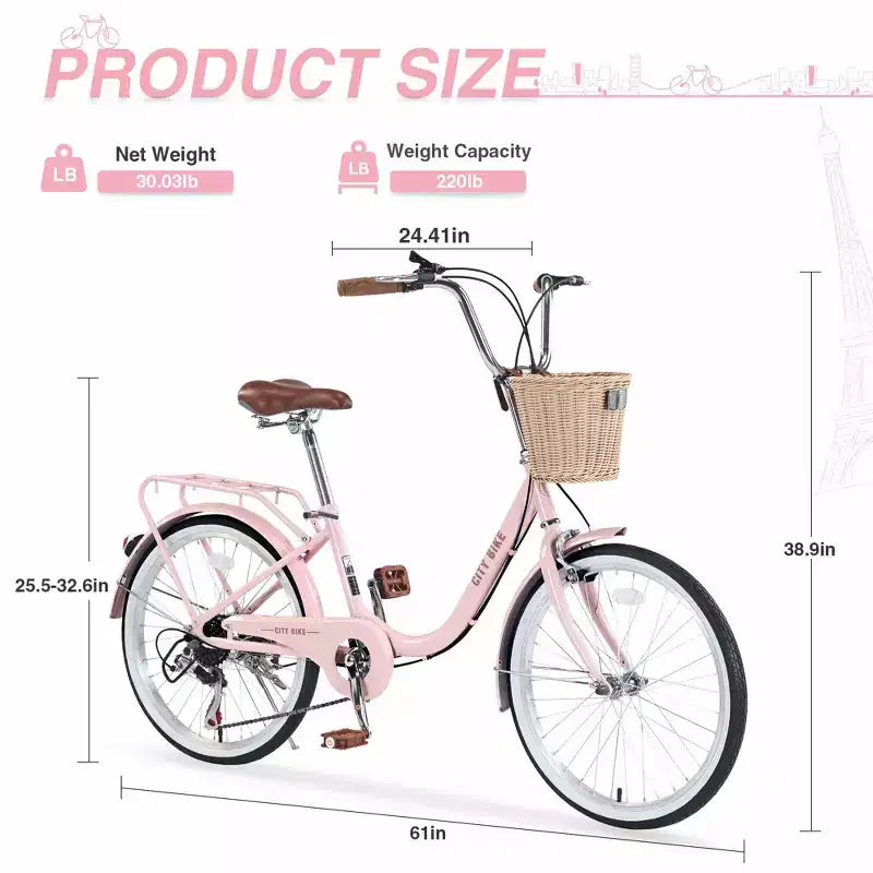 Okak 22IN Cruiser Bikes with Front Basket, Girls Bike with Steel Frame, V-Shape Brake and Comfort Saddles, Adult Bike for Girls and Women