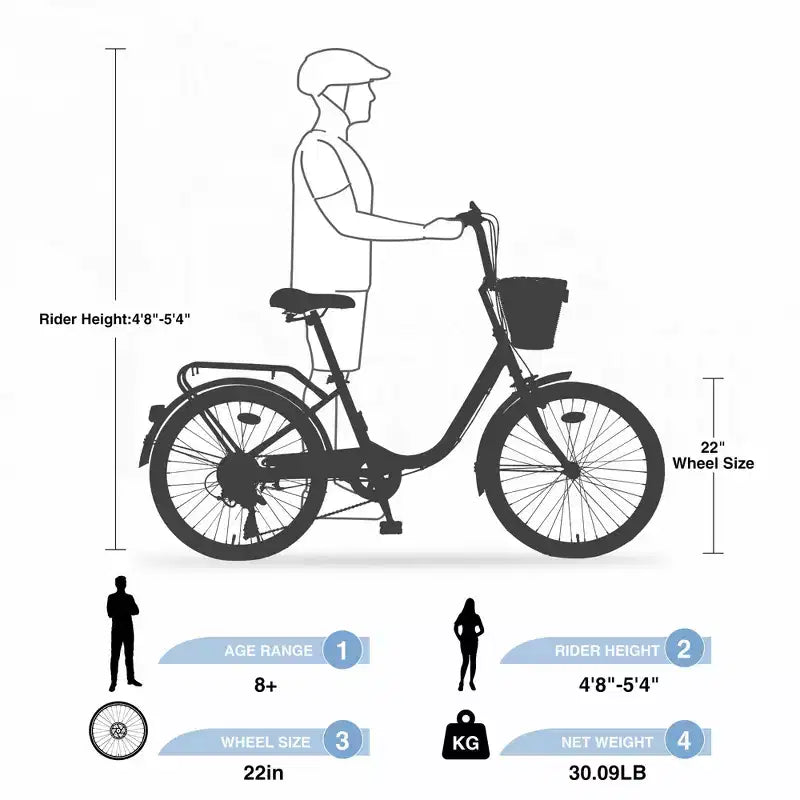 Okak 22IN Cruiser Bikes with Front Basket, Girls Bike with Steel Frame, V-Shape Brake and Comfort Saddles, Adult Bike for Girls and Women