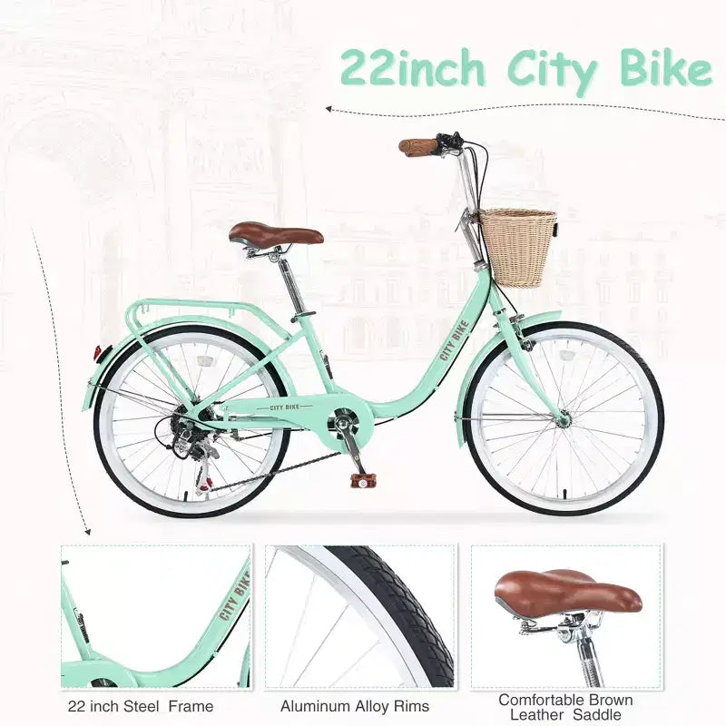 Okak 22IN Cruiser Bikes with Front Basket, Girls Bike with Steel Frame, V-Shape Brake and Comfort Saddles, Adult Bike for Girls and Women