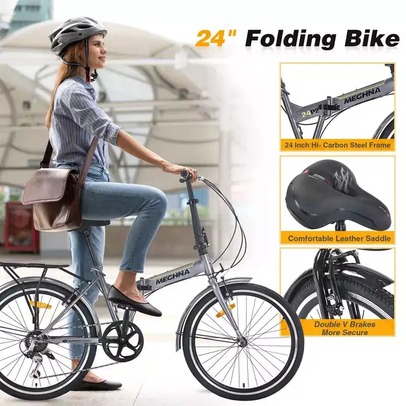 Okak 24IN Folding Bike with 7 Speed and Steel Frame, Cruiser Bikes with Rear Shelf and Mudguard, Adult Bike for Traval and Commuting