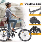 Okak 24IN Folding Bike with 7 Speed and Steel Frame, Cruiser Bikes with Rear Shelf and Mudguard, Adult Bike for Traval and Commuting