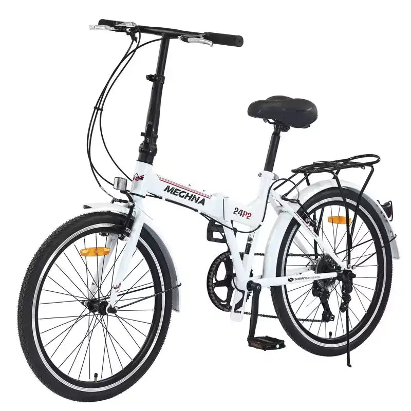 Okak 24IN Folding Bike with 7 Speed and Steel Frame, Cruiser Bikes with Rear Shelf and Mudguard, Adult Bike for Traval and Commuting