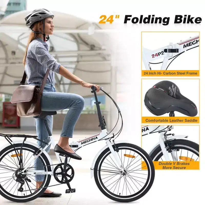 Okak 24IN Folding Bike with 7 Speed and Steel Frame, Cruiser Bikes with Rear Shelf and Mudguard, Adult Bike for Traval and Commuting