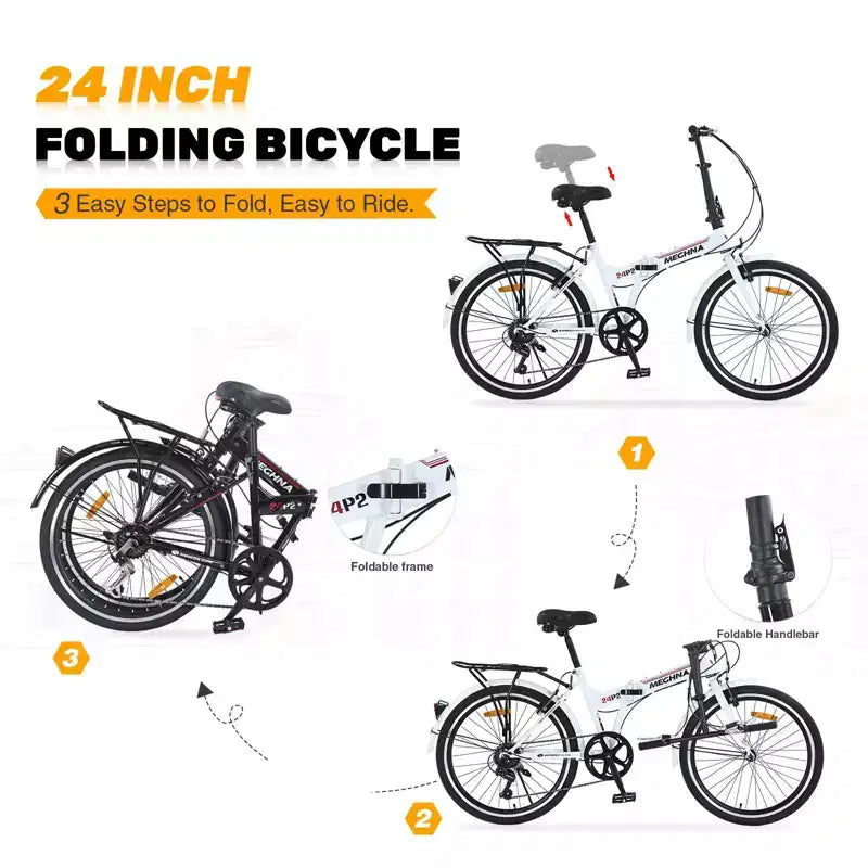 Okak 24IN Folding Bike with 7 Speed and Steel Frame, Cruiser Bikes with Rear Shelf and Mudguard, Adult Bike for Traval and Commuting