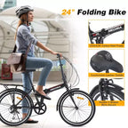 Okak 24IN Folding Bike with 7 Speed and Steel Frame, Cruiser Bikes with Rear Shelf and Mudguard, Adult Bike for Traval and Commuting