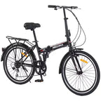 Okak 24IN Folding Bike with 7 Speed and Steel Frame, Cruiser Bikes with Rear Shelf and Mudguard, Adult Bike for Traval and Commuting