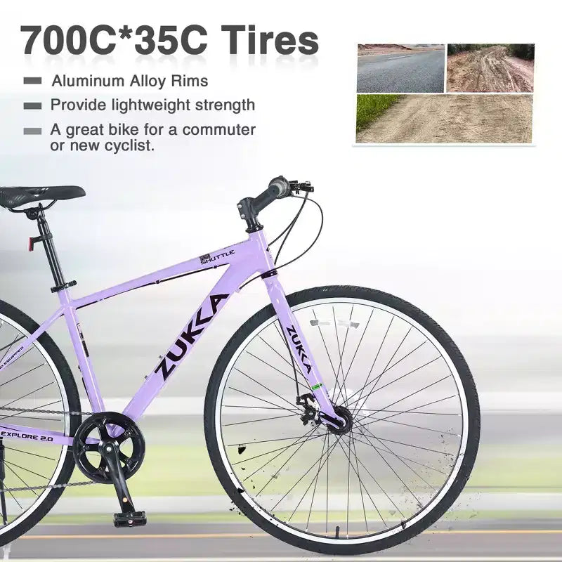 Okak 700C Hybrid Bike with Aluminum Alloy Frame and Double Disc Brakes, Flat Handlebar Road Bike, Adult Bike for Road Cycling and Traval