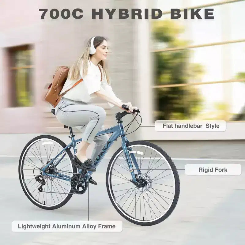 Okak 700C Hybrid Bike with Aluminum Alloy Frame and Double Disc Brakes, Flat Handlebar Road Bike, Adult Bike for Road Cycling and Traval