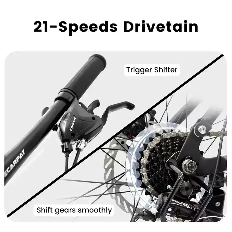 Okak 24 Inch Carbon Steel Mountain Bike with Full Suspension, Mens Bike with 21 Speed Shifter Lever and Disc Brakes, Bicycle for Kids&Adults
