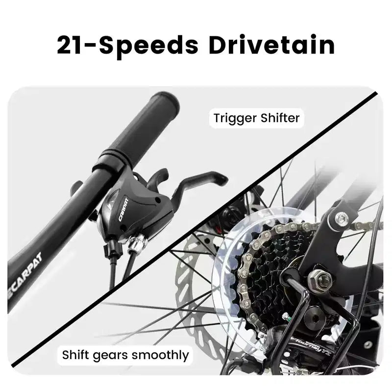 Okak 24 Inch Carbon Steel Mountain Bike with Full Suspension, Mens Bike with 21 Speed Shifter Lever and Disc Brakes, Bicycle for Kids&Adults
