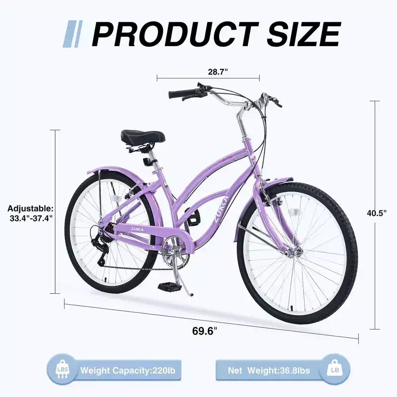 Okak 26IN Womens Bike with 7 Speed, Beach Cruiser Bike with Double V Brake and Cushion Saddle, Adult Bike for Commuting, Travel, Mountain