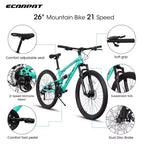Okak 26IN Mountain Bike with Front and Rear Shock Absorber, 21-Speed Adult Bike with Steel Frame, Mens Bike for Teens and Adults, Blue