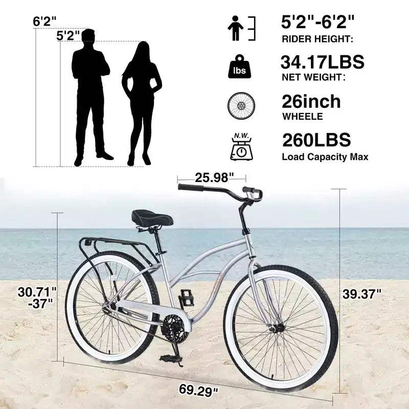 Okak 26IN Single Speed Cruiser Bikes with Steel Frame, Adult Bike with Wide Wheels and Rear Coaster Brakes, Bicycle for Mens and Women