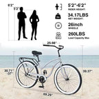 Okak 26IN Single Speed Cruiser Bikes with Steel Frame, Adult Bike with Wide Wheels and Rear Coaster Brakes, Bicycle for Mens and Women